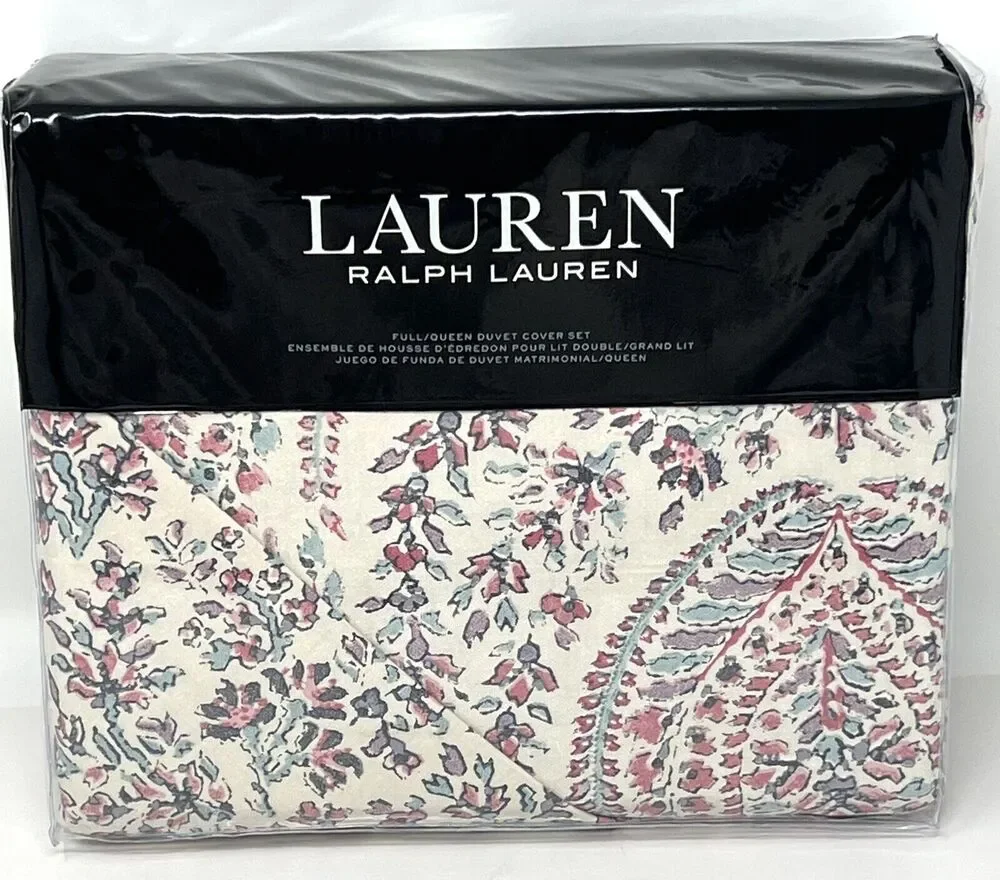 Ralph Lauren Claudia Paisley Full Queen Duvet Cover Set Cream Floral SATEEN